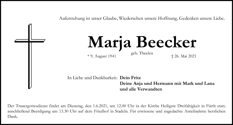  Traueranzeige für Marja Beecker vom 29.05.2021 aus Fürther Nachrichten Lokal