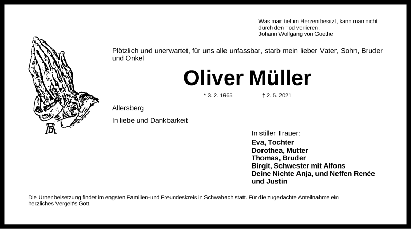  Traueranzeige für Oliver Müller vom 13.05.2021 aus Roth-Hilpoltsteiner Volkszeitung Lokal