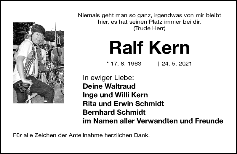  Traueranzeige für Ralf Kern vom 29.05.2021 aus Gesamtausgabe Nürnberger Nachrichten/ Nürnberger Ztg.