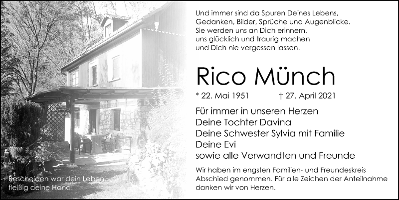  Traueranzeige für Rico Münch vom 29.05.2021 aus Gesamtausgabe Nürnberger Nachrichten/ Nürnberger Ztg.