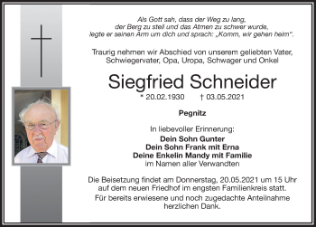 Traueranzeige von Siegfried Schneider von Nordbayerische Nachrichten Pegnitz Lokal