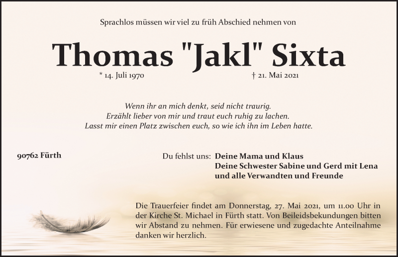  Traueranzeige für Thomas Sixta vom 25.05.2021 aus Fürther Nachrichten Lokal