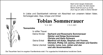 Traueranzeige von Tobias Sommerauer von Roth-Hilpoltsteiner Volkszeitung/ Schwabach