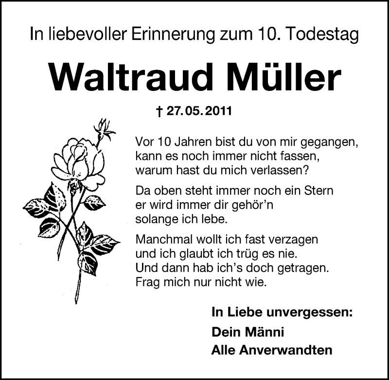  Traueranzeige für Waltraud Müller vom 27.05.2021 aus Schwabacher Tagblatt Lokal
