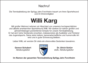 Traueranzeige von Willi Karg von Nordbayerische Nachrichten Forchheim Lokal
