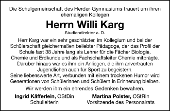 Traueranzeige von Willi Karg von Nordbayerische Nachrichten Forchheim Lokal