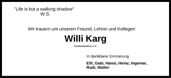 Traueranzeige von Willi Karg von Nordbayerische Nachrichten Forchheim Lokal