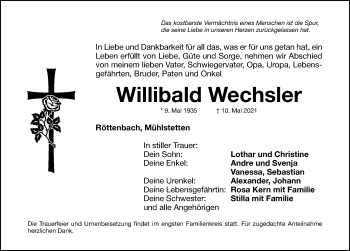 Traueranzeige von Willibald Wechsler von Roth-Hilpoltsteiner Volkszeitung Lokal