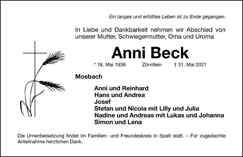 Traueranzeigen von Anni Beck | trauer.nn.de