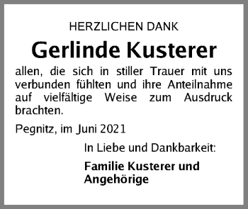 Traueranzeige von Gerlinde Kusterer von Nordbayerische Nachrichten Pegnitz Lokal