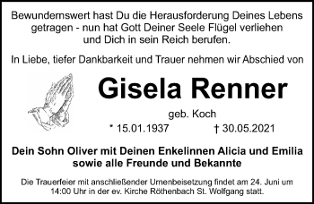 Traueranzeige von Gisela Renner von Schwabacher Tagblatt Lokal