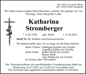 Traueranzeige von Katharina Stromberger von Roth-Hilpoltsteiner Volkszeitung Lokal