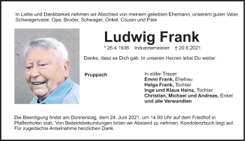 Traueranzeige von Ludwig Frank von Roth-Hilpoltsteiner Volkszeitung Lokal