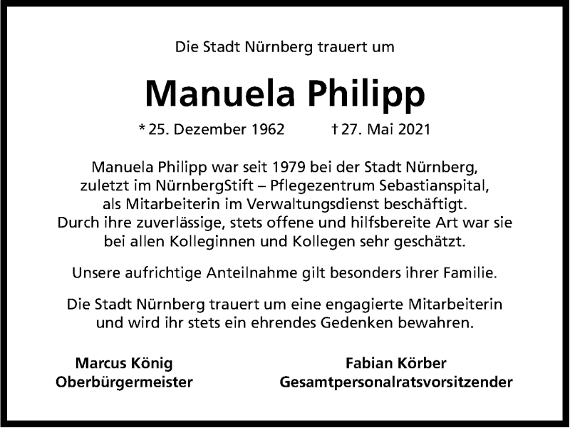  Traueranzeige für Manuela Philipp vom 03.06.2021 aus Gesamtausgabe Nürnberger Nachrichten/ Nürnberger Ztg.