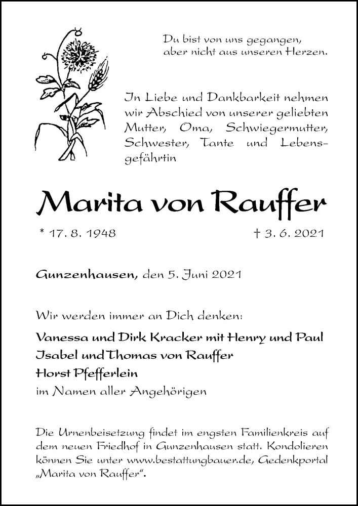  Traueranzeige für Marita von Rauffer vom 05.06.2021 aus Altmühl-Bote Lokal