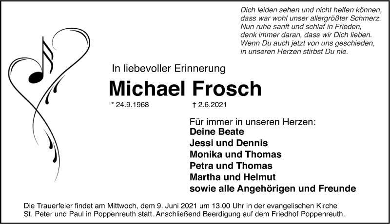  Traueranzeige für Michael Frosch vom 05.06.2021 aus Fürther Nachrichten Lokal
