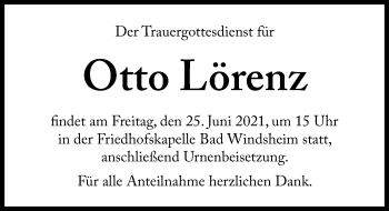 Traueranzeige von Otto Lörenz von Windsheimer Zeitung Lokal