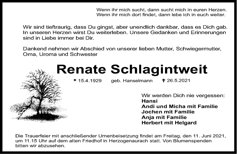  Traueranzeige für Renate Schlagintweit vom 05.06.2021 aus Gesamtausgabe Nürnberger Nachrichten/ Nürnberger Ztg.