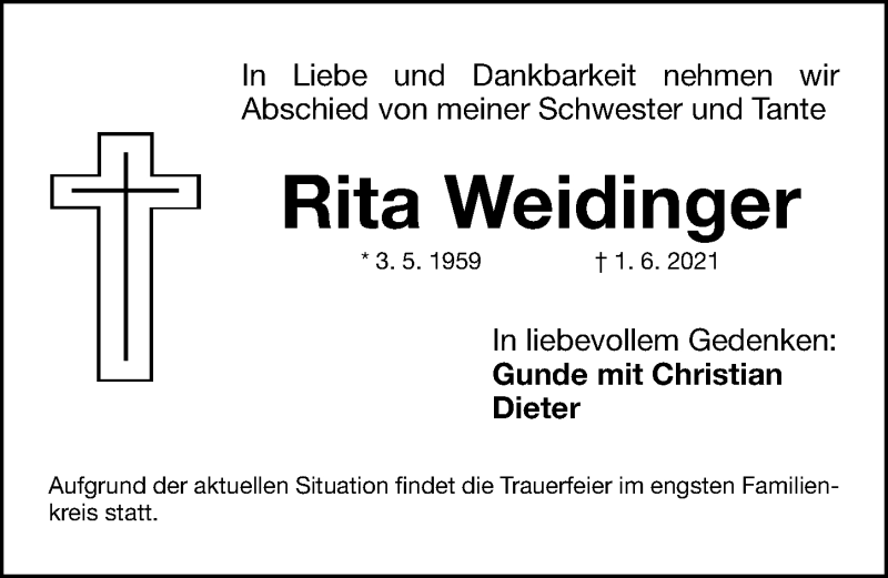  Traueranzeige für Rita Weidinger vom 05.06.2021 aus Fürther Nachrichten Lokal