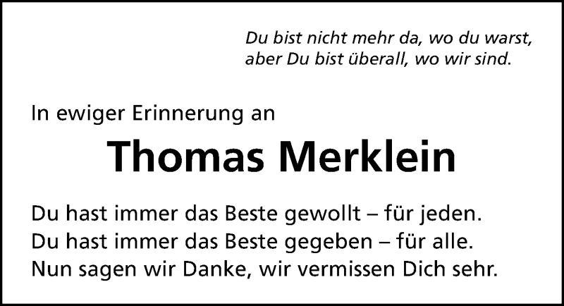  Traueranzeige für Thomas Merklein vom 12.06.2021 aus Erlanger Nachrichten Lokal