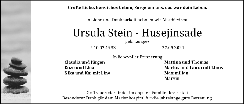  Traueranzeige für Ursula Stein-Husejinsade vom 05.06.2021 aus Erlanger Nachrichten Lokal