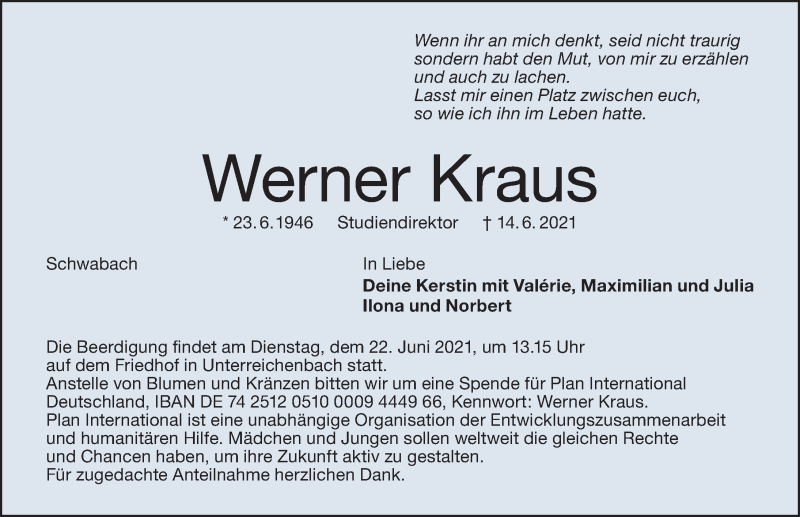  Traueranzeige für Werner Kraus vom 19.06.2021 aus Schwabacher Tagblatt Lokal