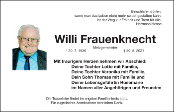 Traueranzeige von Willi Frauenknecht von Fürther Nachrichten Lokal