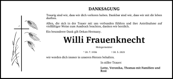 Traueranzeige von Willi Frauenknecht von Fürther Nachrichten Lokal