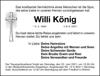 Traueranzeige von Willi König von Gesamtausgabe Nürnberger Nachrichten/ Nürnberger Ztg./ Fürther Nachrichten