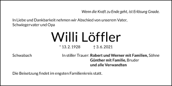 Traueranzeige von Willi Löffler von Schwabacher Tagblatt Lokal