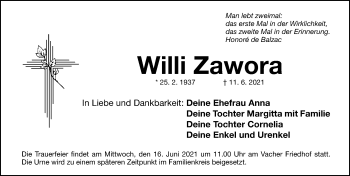 Traueranzeige von Willi Zawora von Fürther Nachrichten Lokal