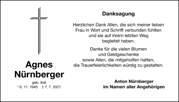 Traueranzeige von Agnes Nürnberger von Fürther Nachrichten Lokal