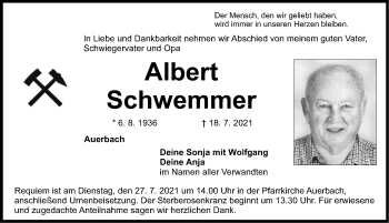 Traueranzeige von Albert Schwemmer von Nordbayerische Nachrichten Pegnitz Lokal