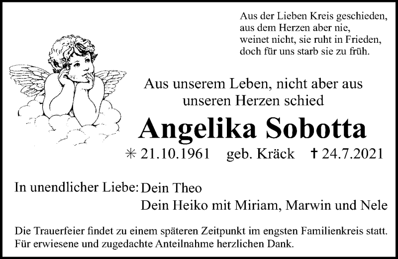  Traueranzeige für Angelika Sobotta vom 31.07.2021 aus Erlanger Nachrichten Lokal