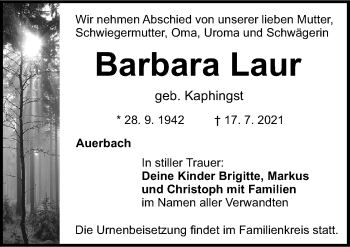 Traueranzeige von Barbara Laur von Nordbayerische Nachrichten Pegnitz Lokal