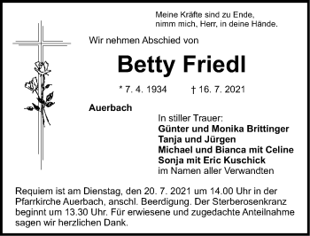 Traueranzeige von Betty Friedl von Nordbayerische Nachrichten Pegnitz Lokal