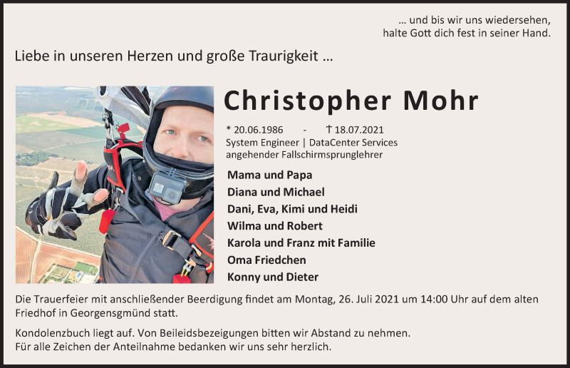  Traueranzeige für Christopher Mohr vom 24.07.2021 aus Gesamtausgabe Nürnberger Nachrichten/ Nürnberger Ztg./ Roth-Hilpoltsteiner Volkszeitung