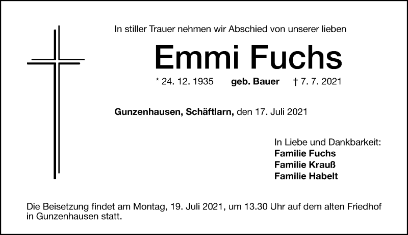  Traueranzeige für Emmi Fuchs vom 17.07.2021 aus Altmühl-Bote Lokal