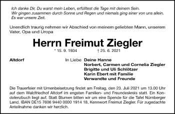 Traueranzeige von Freimut Ziegler von Gesamtausgabe Nürnberger Nachrichten/ Nürnberger Ztg.