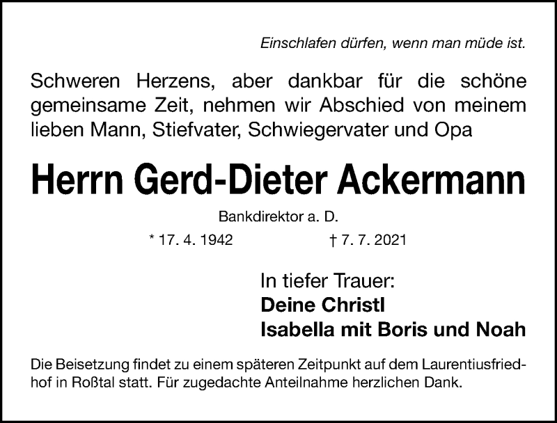 Traueranzeige für Gerd-Dieter Ackermann vom 10.07.2021 aus Gesamtausgabe Nürnberger Nachrichten/ Nürnberger Ztg.