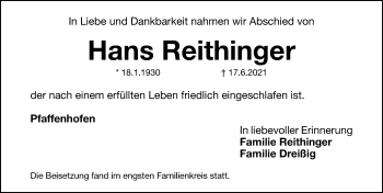 Traueranzeige von Hans Reithinger von Roth-Hilpoltsteiner Volkszeitung Lokal