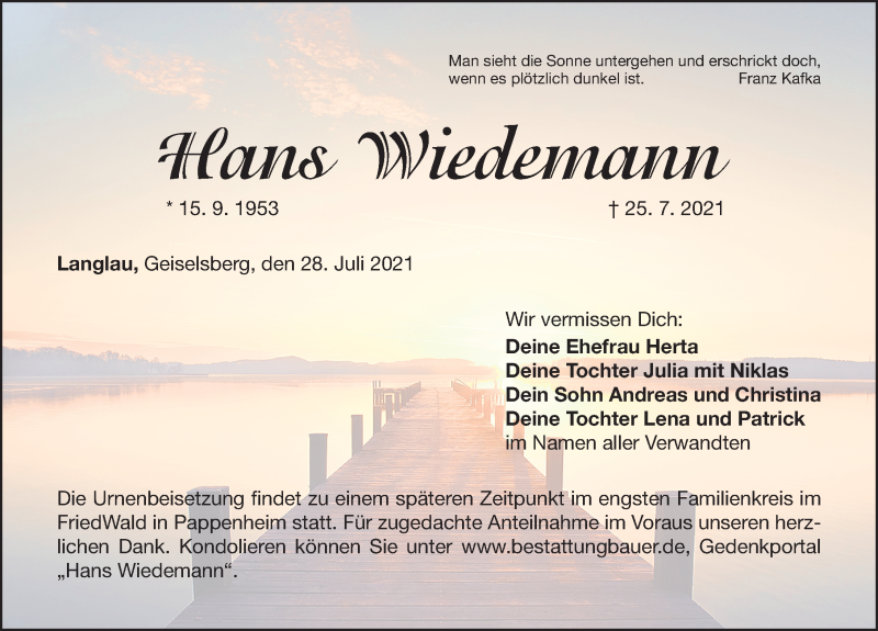  Traueranzeige für Hans Wiedemann vom 28.07.2021 aus Altmühl-Bote Lokal