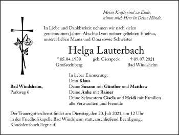 Traueranzeige von Helga Lauterbach von Windsheimer Zeitung Lokal