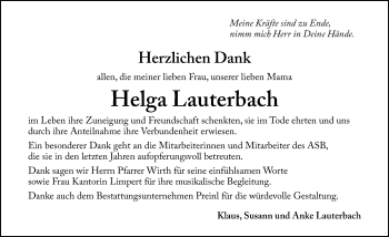 Traueranzeige von Helga Lauterbach von Windsheimer Zeitung Lokal