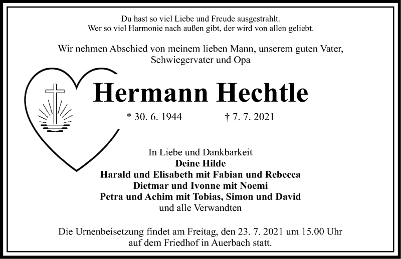  Traueranzeige für Hermann Hechtle vom 17.07.2021 aus Nordbayerische Nachrichten Pegnitz Lokal