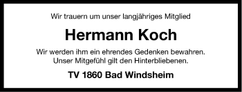 Traueranzeige von Hermann Koch von Windsheimer Zeitung Lokal