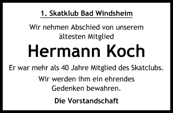 Traueranzeige von Hermann Koch von Windsheimer Zeitung Lokal