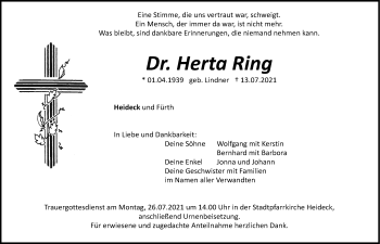 Traueranzeige von Herta Ring von Roth-Hilpoltsteiner Volkszeitung Lokal