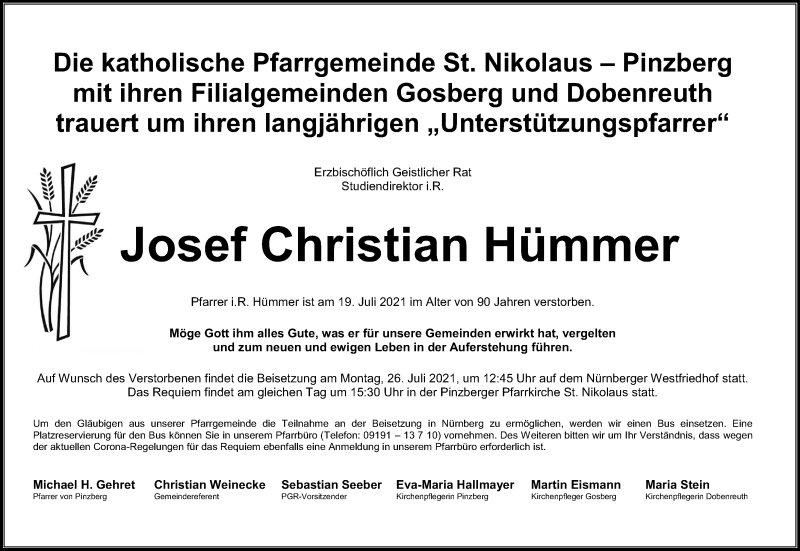  Traueranzeige für Josef Christian Hümmer vom 22.07.2021 aus Nordbayerische Nachrichten Forchheim Lokal