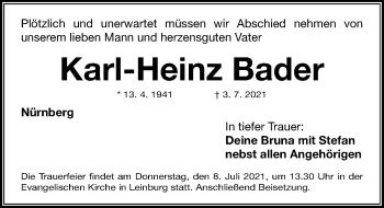 Traueranzeige von Karl-Heinz Bader von Gesamtausgabe Nürnberger Nachrichten/ Nürnberger Ztg.